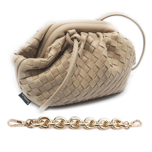 Trendy Dumpling Ruched Clutch Cloud Shape Dupe Chunky Chain Shoulder Bag PU Leather Woven Handbag(Brown S)